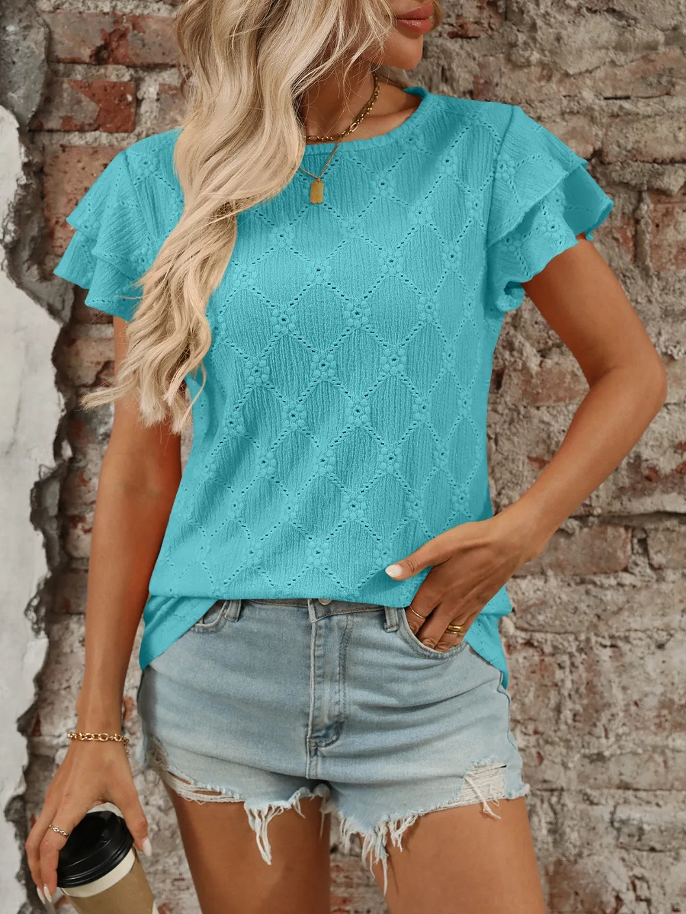 Eyelet Round Neck Double Layered Ruffled Short Sleeve Top, image 17