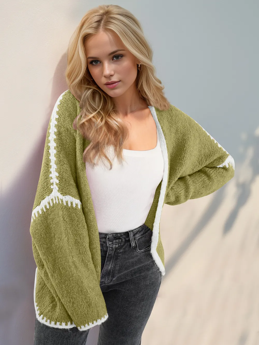 Contrast Open Front Dropped Shoulder Cardigan, image 5