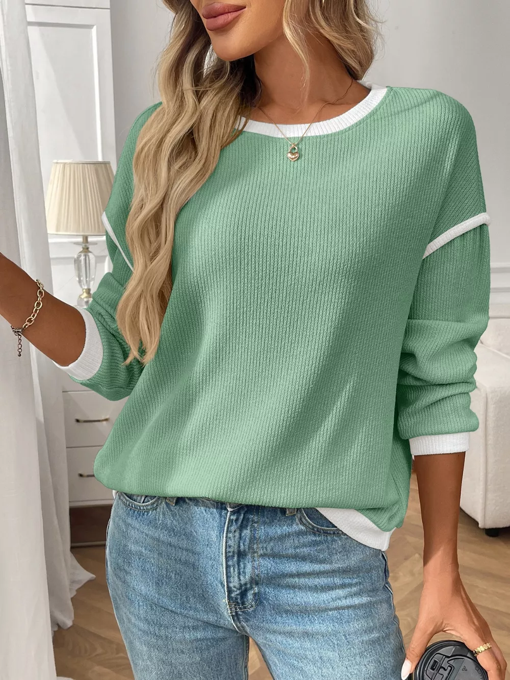 Ribbed Knit Contrast Trim Sweater, image 25