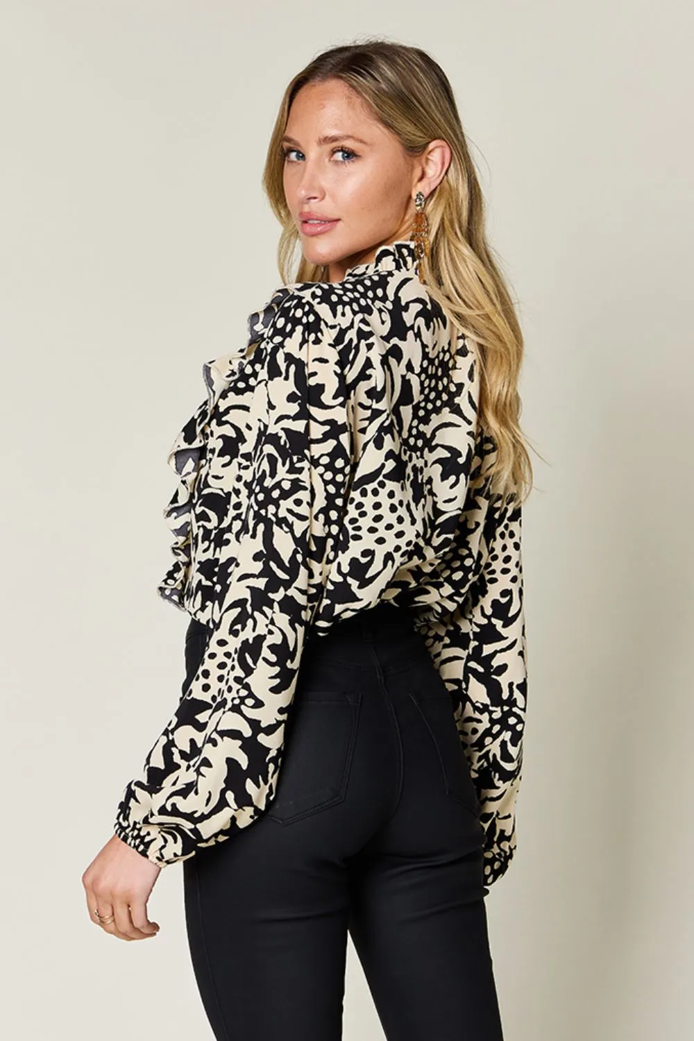 Full Size Printed Ruffle Trim Balloon Sleeve Shirt, image 3
