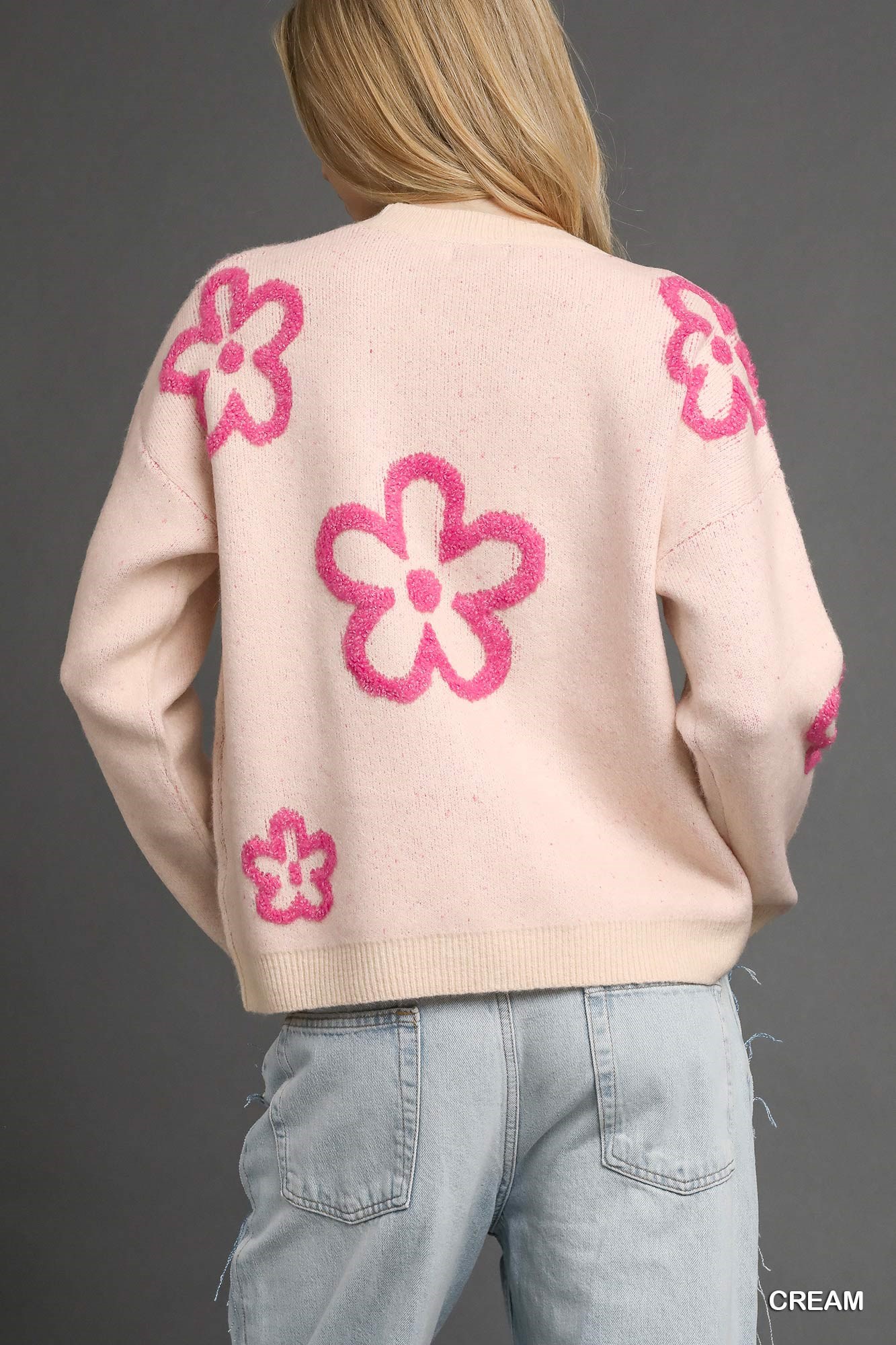 Round Neck Sweater with Pink Floral Accents, image 3