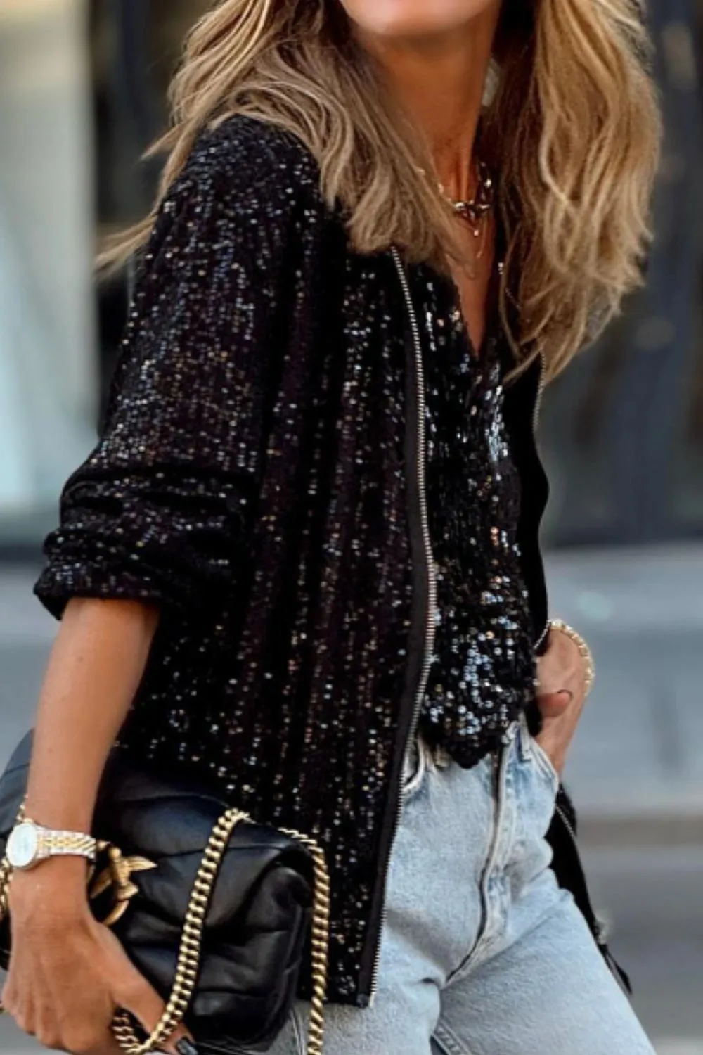 Sequin Zip Up Long Sleeve Jacket, image 9
