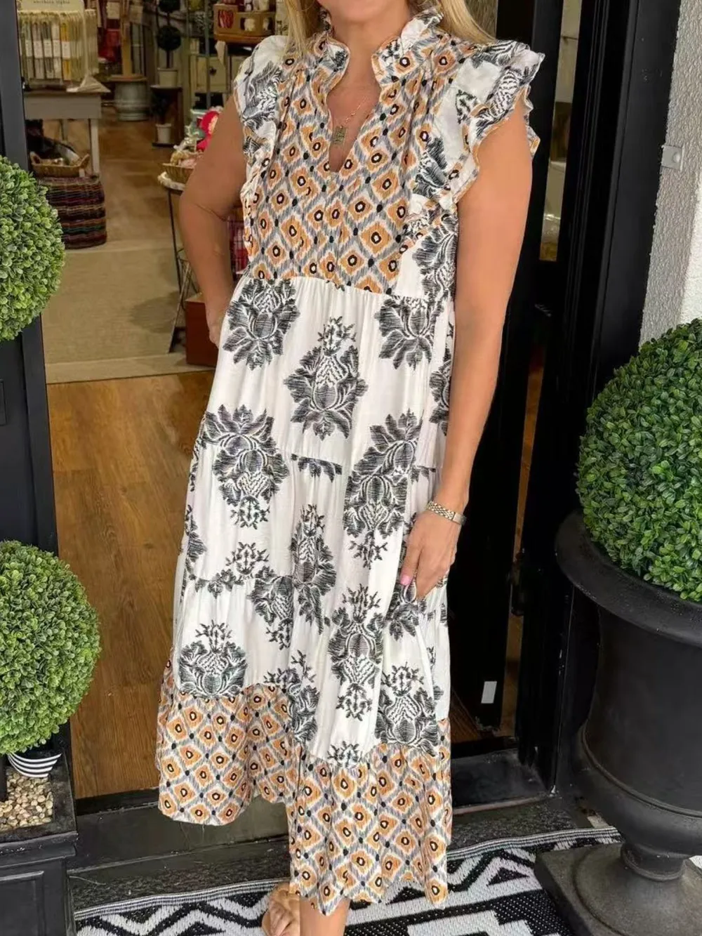 Printed Notched Ruffled Cap Sleeve Dress, image 12
