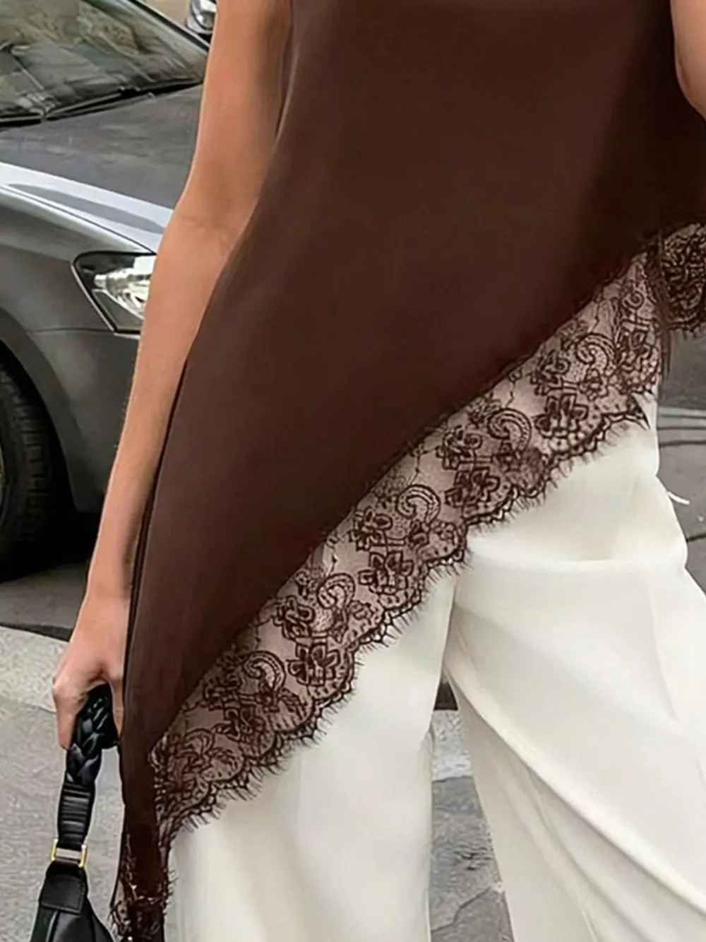 Polka Dot Lace Trim Asymmetrical Hem Sleeveless Blouse, image 5