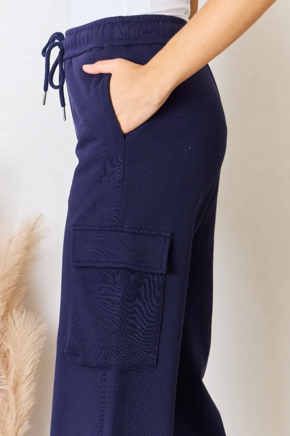 Drawstring Relaxed Cargo Wide Leg Pants, image 3