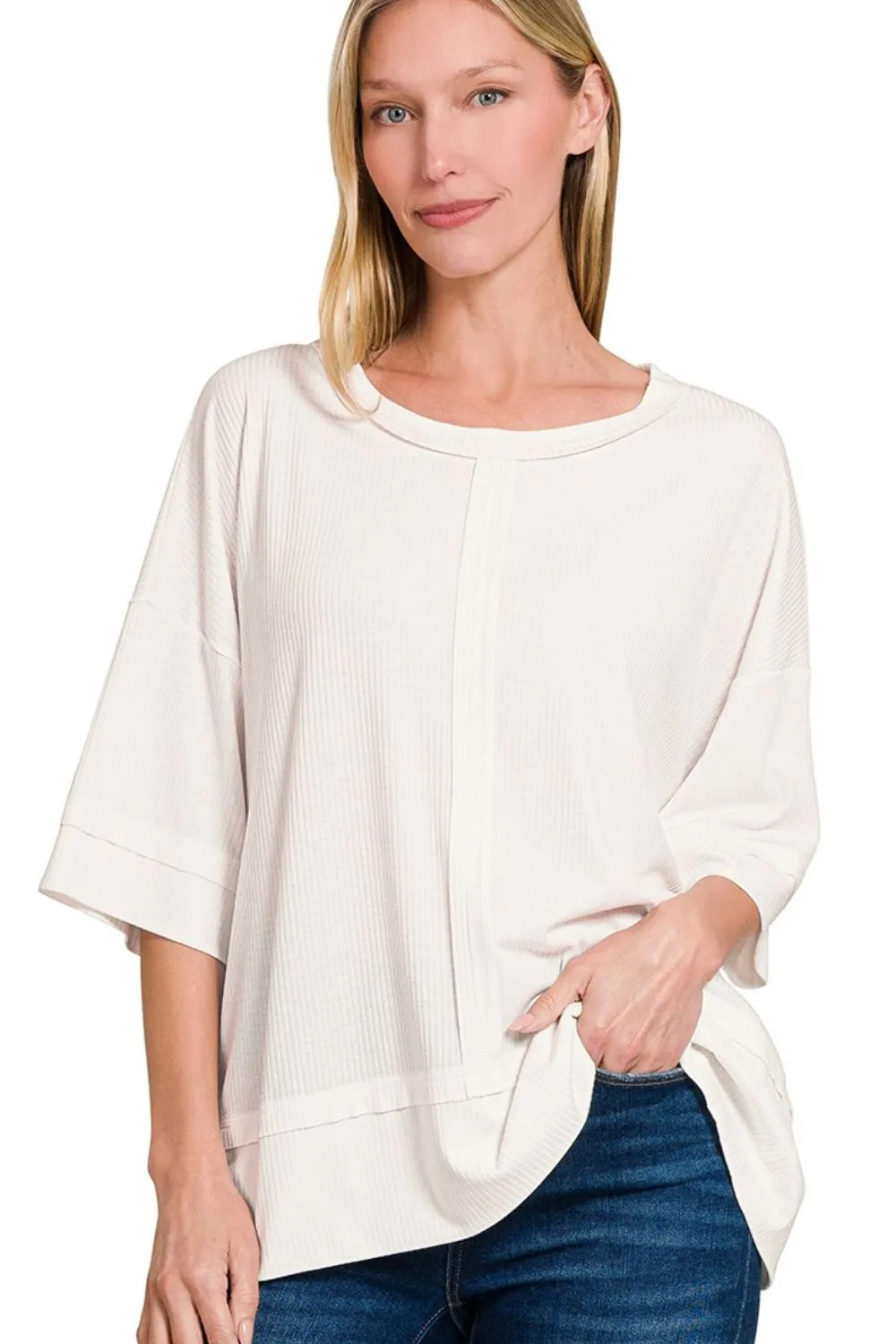 Ribbed Boat Neck 3/4 Sleeve Top
