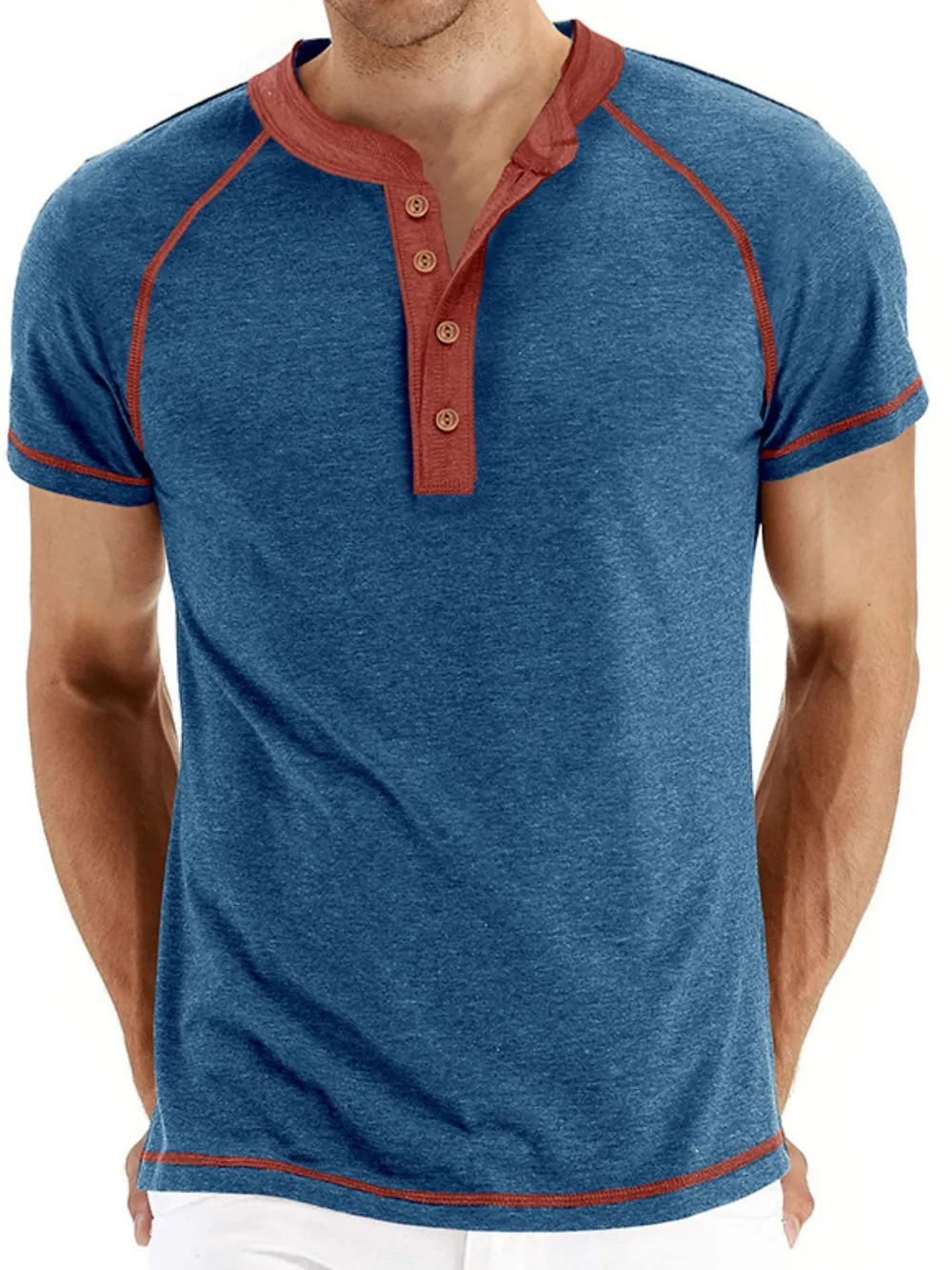 Men's Casual Henley Polo T-Shirt with Contrast Stitching, image 11