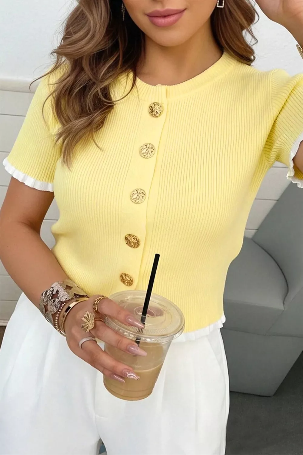 Ribbed Knit Contrast Frilled Short Sleeve Sweater Cardigan, image 2