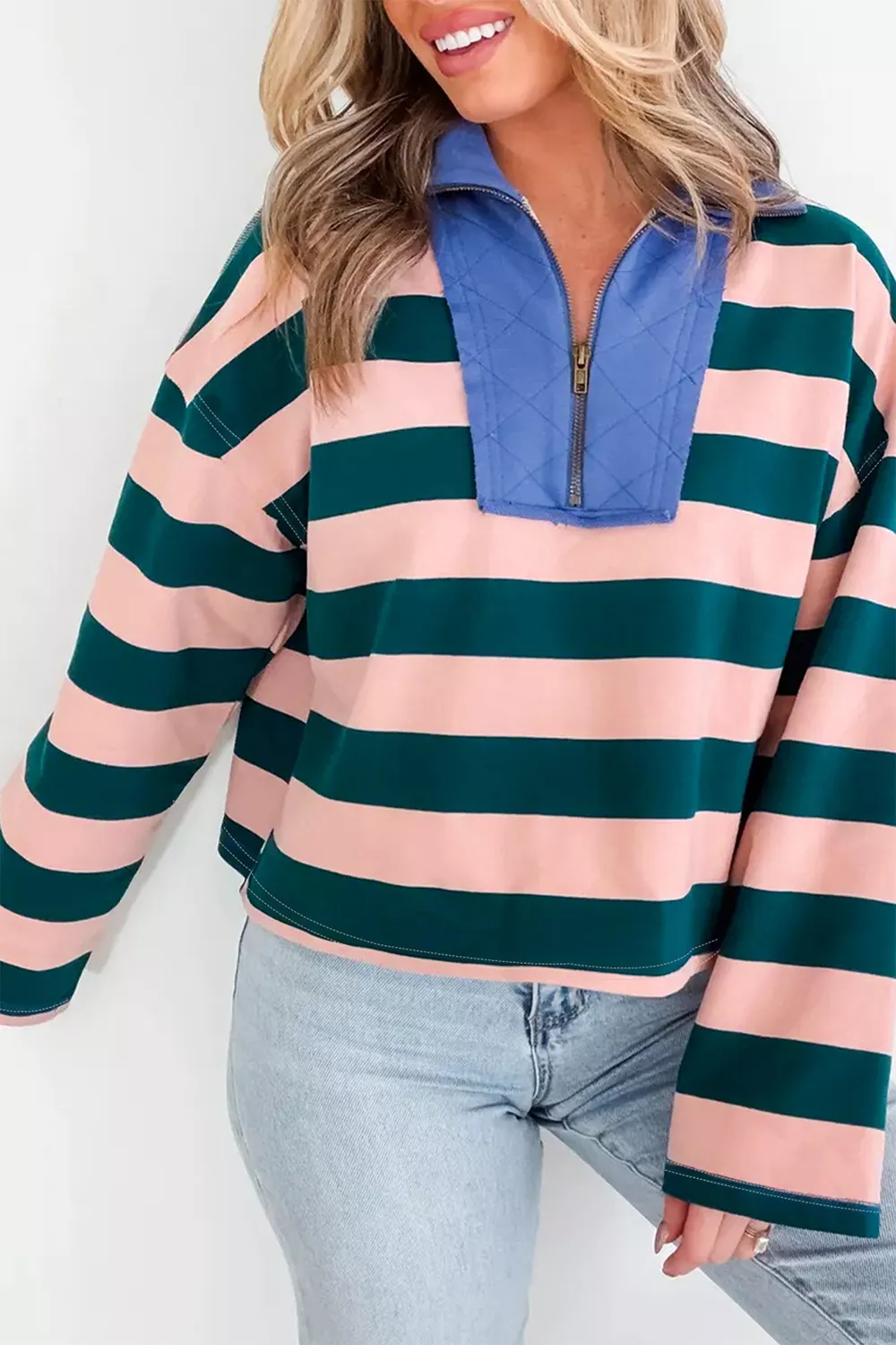 Stripe Quarter-Zip Metal Zipper Cover Stitch Hem Top, image 4