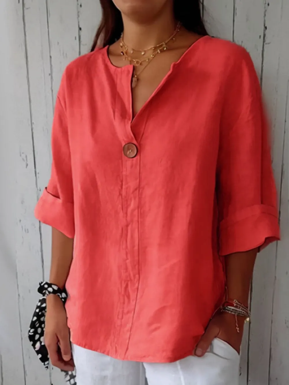Full Size Linen Blend Notched Blouse Plus Size, image 12