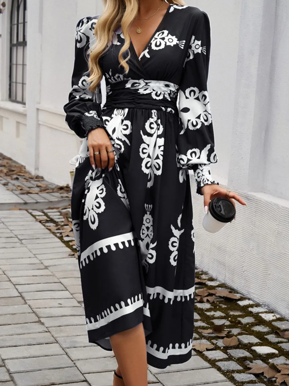 Printed Surplice Lantern Sleeve Midi Dress, image 9