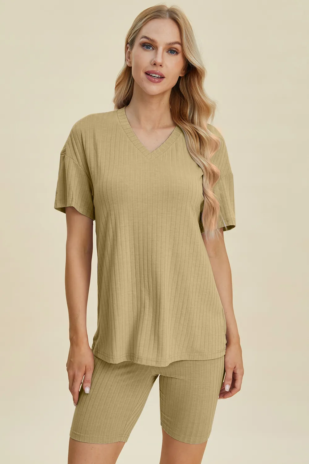 Full Size Ribbed V-Neck Short Sleeve Top and Shorts Set, image 20