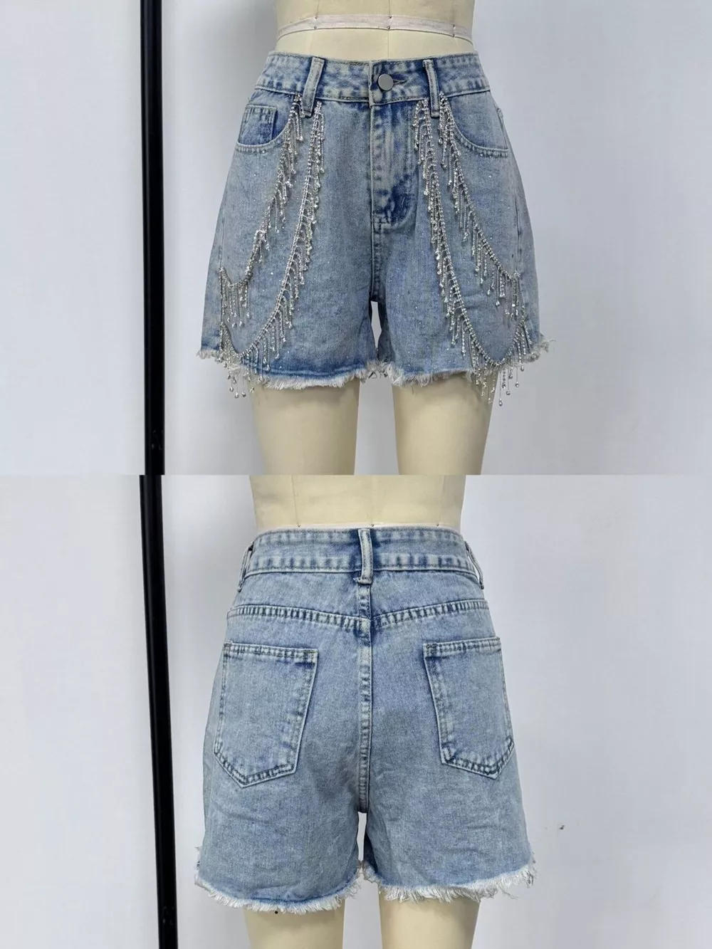 Rhinestone Chain Raw Hem Denim Shorts, image 4