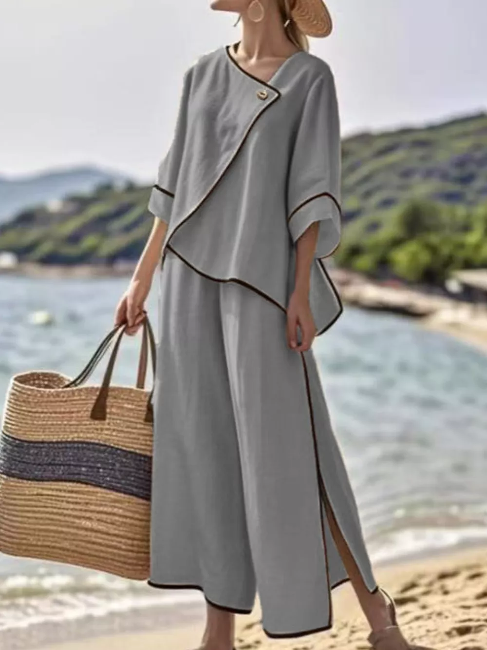 Full Size Contrast Trim Top and Wide Leg Pants Set Plus Size, image 5