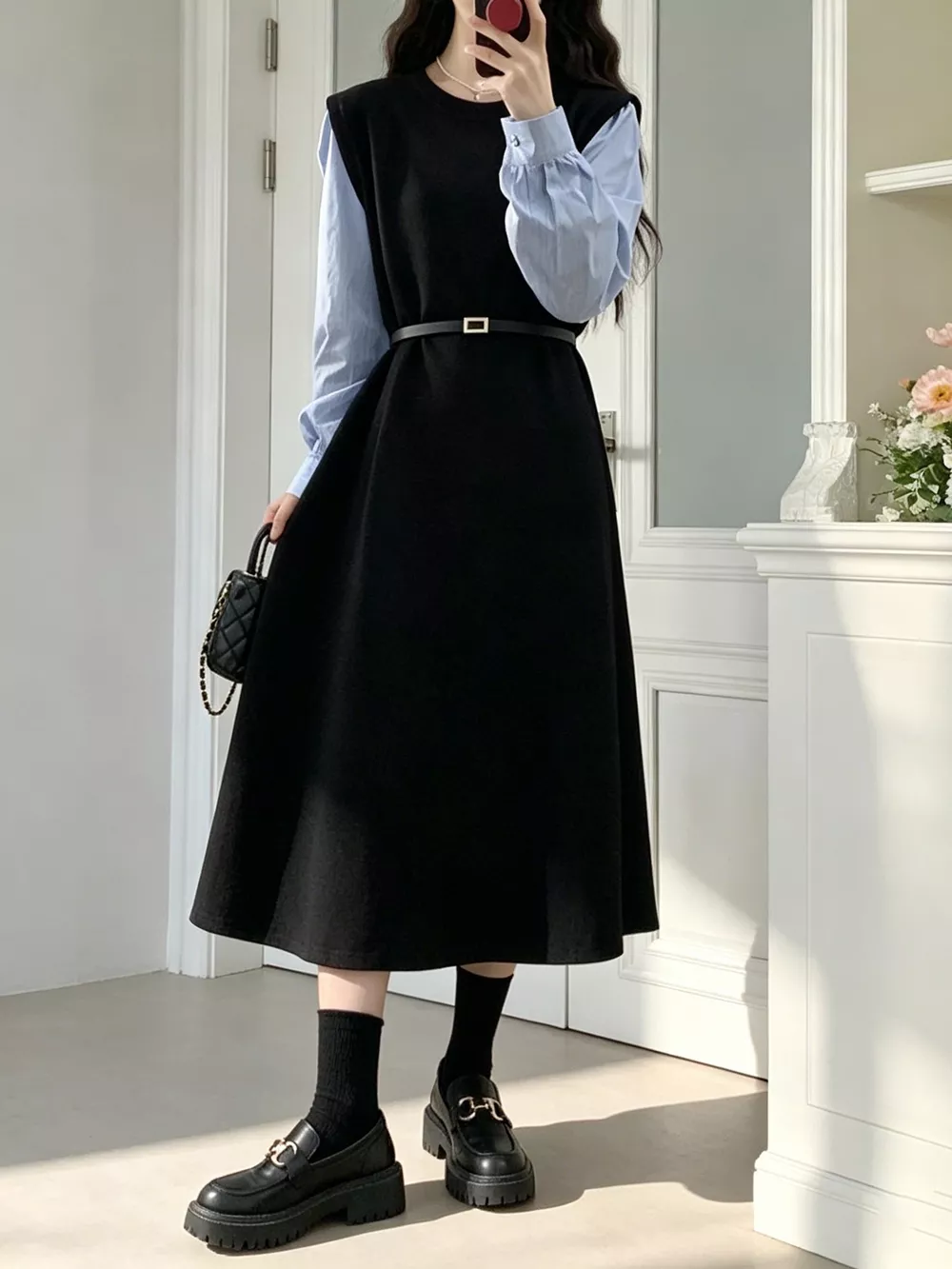 Contrast Sleeve A-Line Dress with Belt, image 3