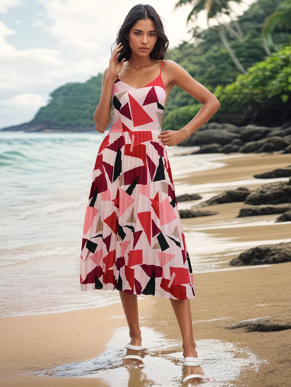 Pleated Geometric Spaghetti Strap Dress, image 3