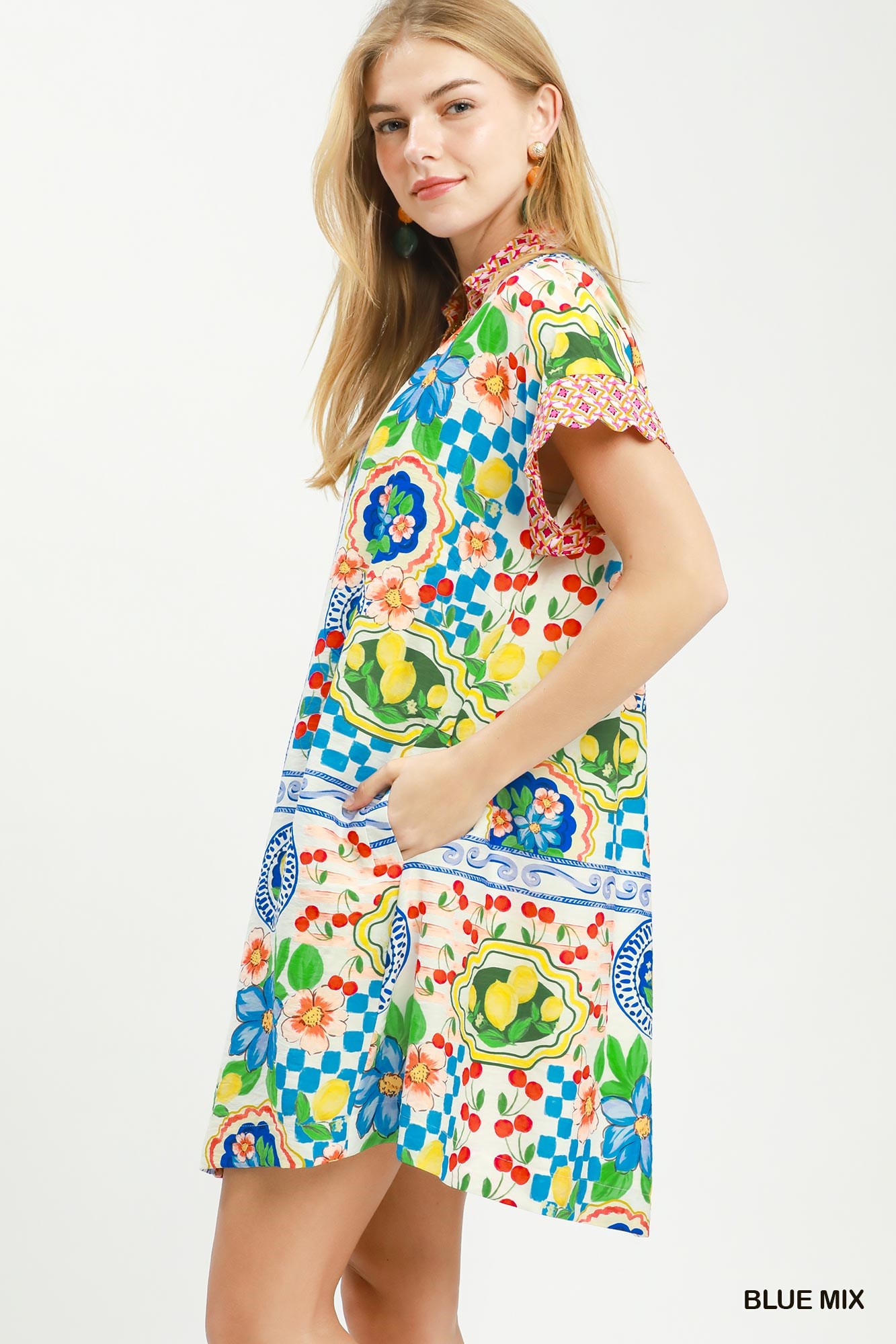 Mediterranean Print Dress with Contrast Printed Trim, image 2