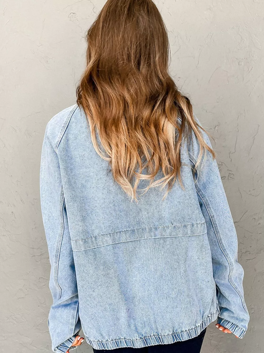 Elastic Edge Collared Zip Up Denim Jacket With Pocket, image 3