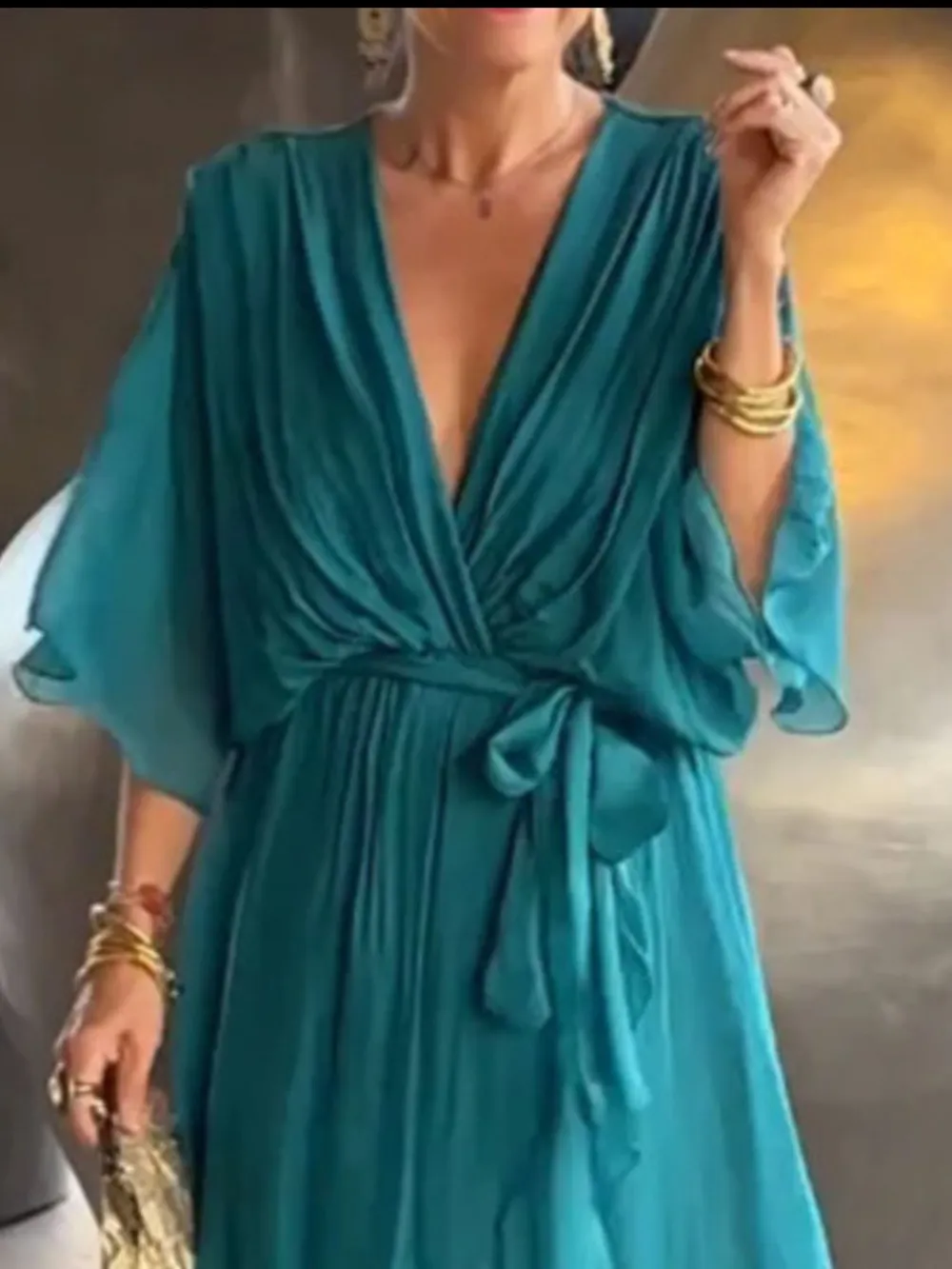 Full Size Flowy Tie Front Midi Dress with Flutter Sleeves Plus Size, image 9