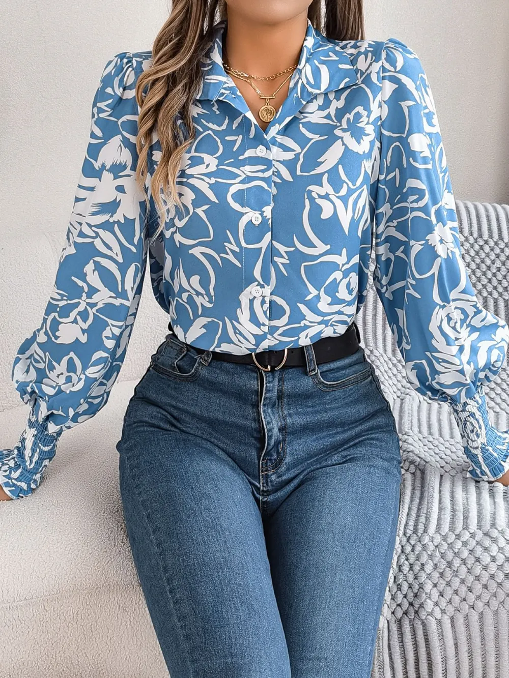 Printed Collared Neck Lantern Sleeve Shirt, image 6