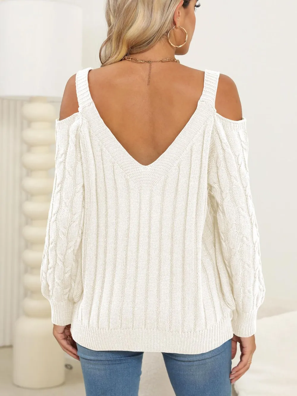 Cable-Knit V-Neck Long Sleeve Sweater, image 11