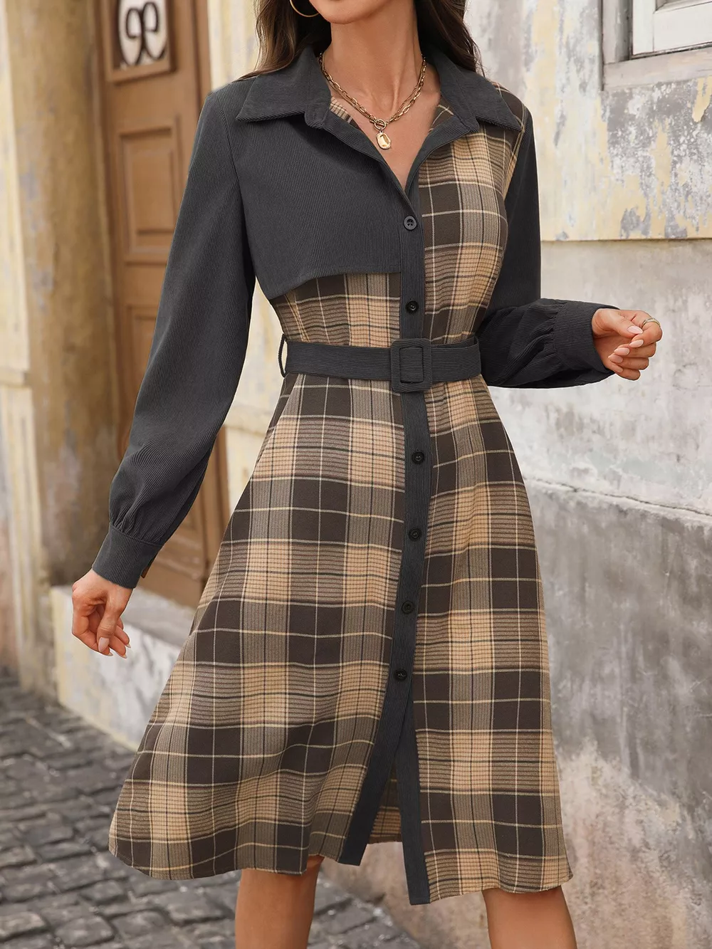 Plaid Button Up Long Sleeve Shirt Dress, image 10