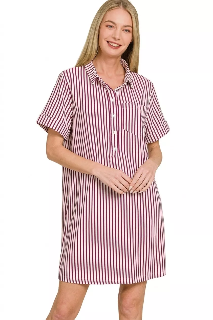 Stripe Collared Half Button Up T-Shirts Dress, image 3