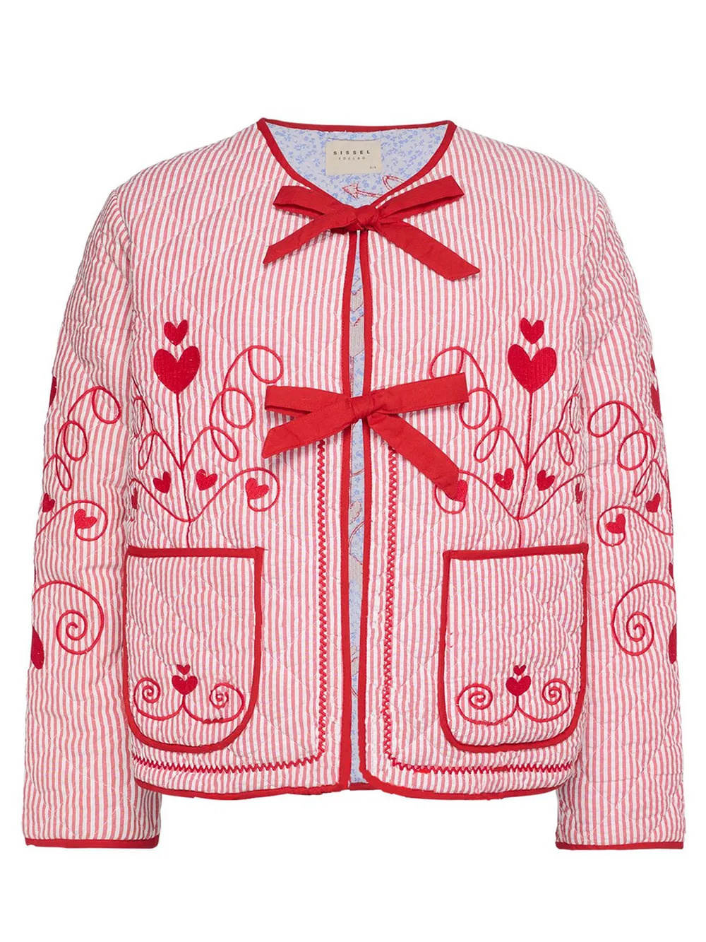 Embroidered Tied Striped Round Neck Coat, image 2
