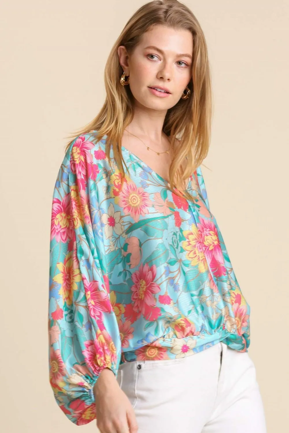 Full Size Floral Print Smocked Back Hem V-Neck Blouse Plus Size