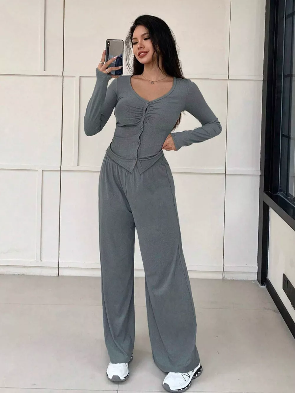 Button-Down Top & Wide Leg Pants Set, image 5