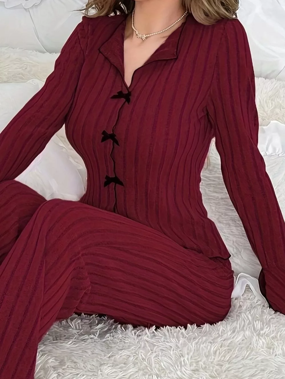Ribbed Bow Front Top and Pants Lounge Set, image 13