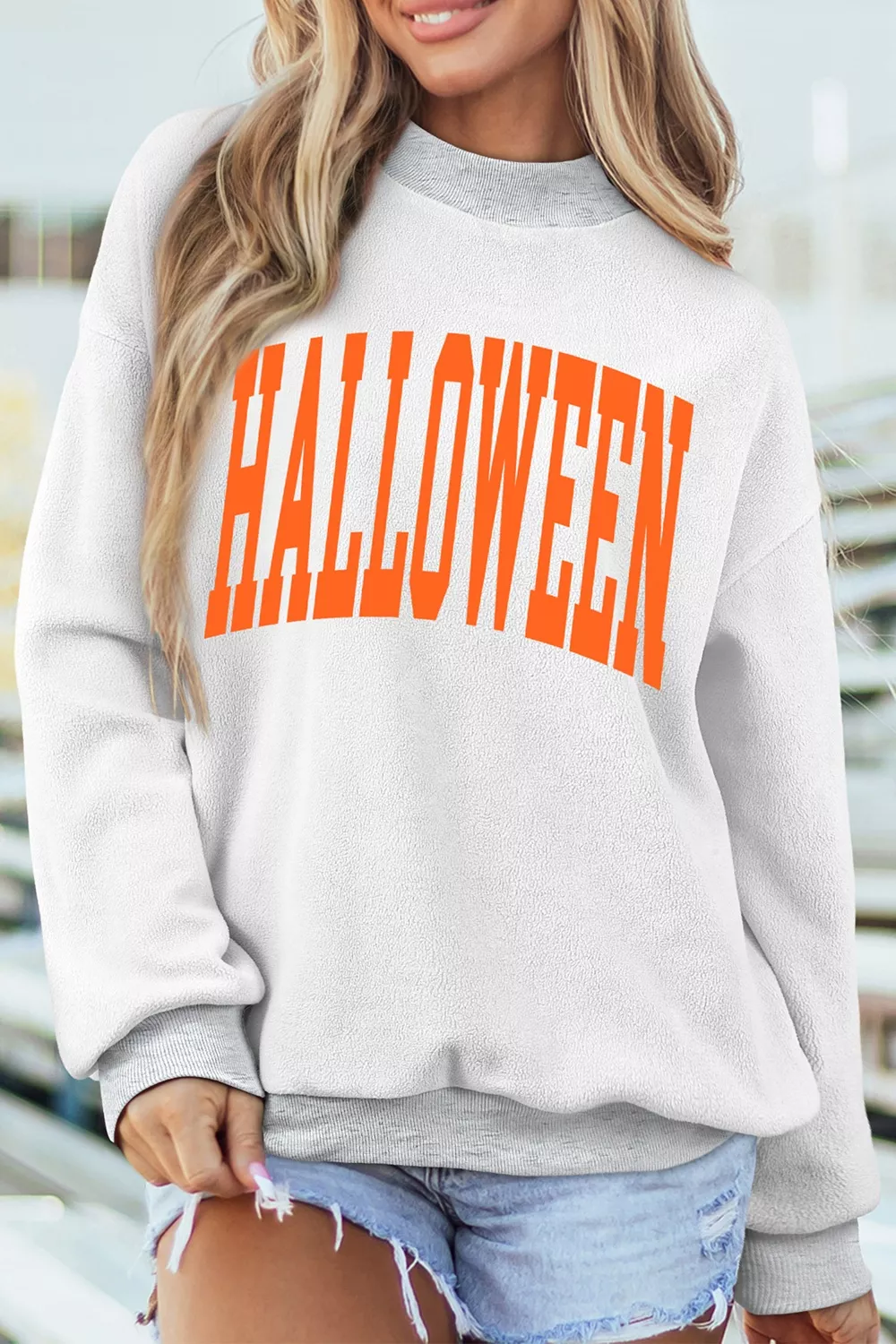 Halloween Pumpkin Face Print Mock Neck Reversible Sweatshirt, image 7