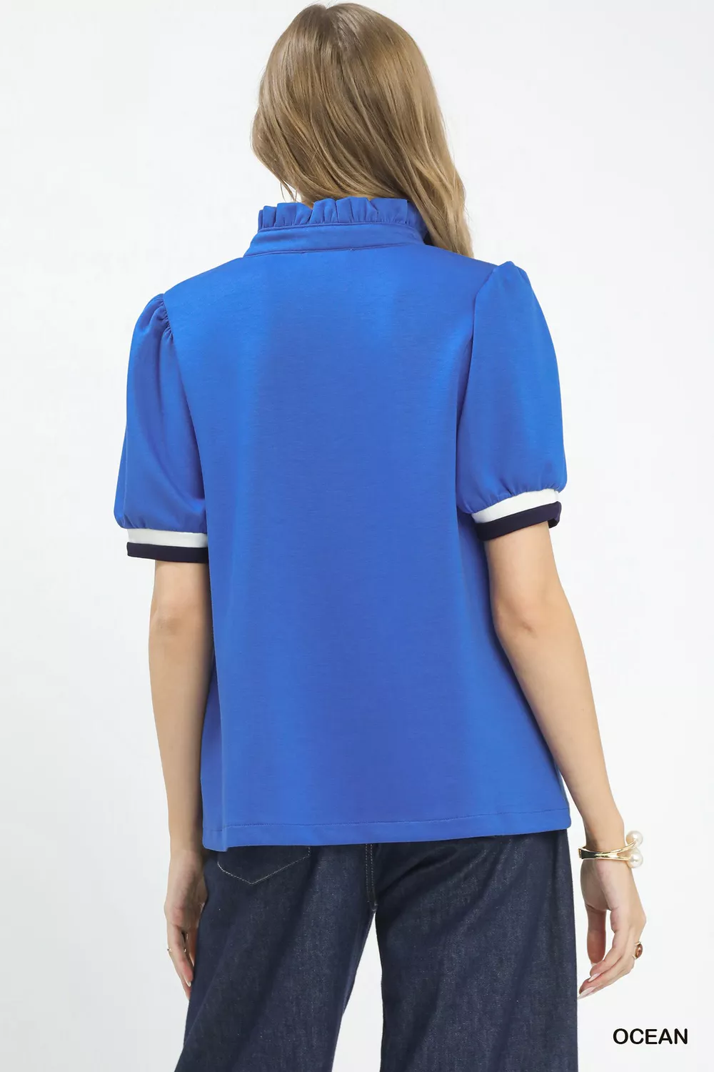 Luxe knit Contrast Trim Puff Sleeve Top, image 3