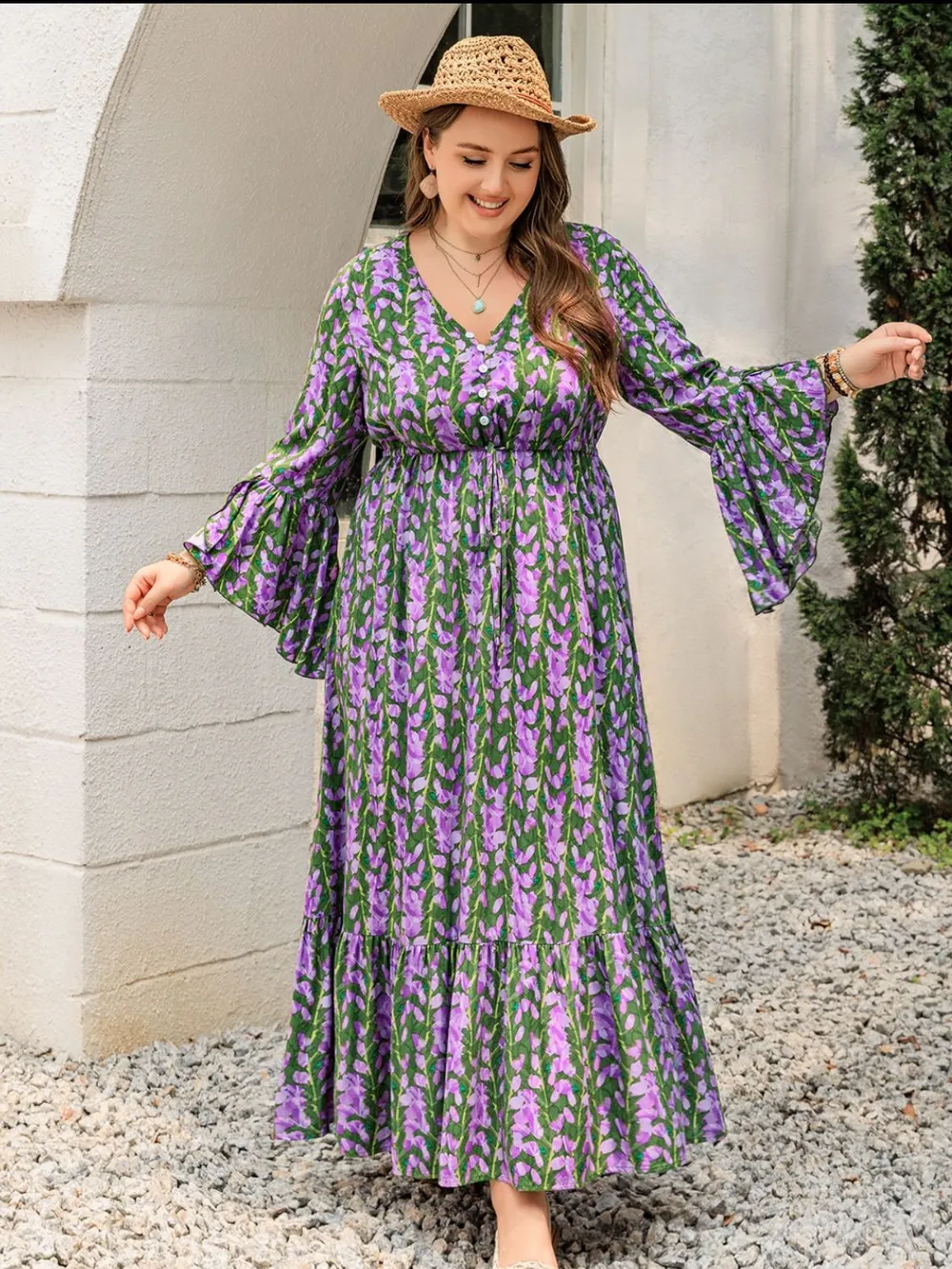 Plus Size Printed V-Neck Long Sleeve Maxi Dress, image 7