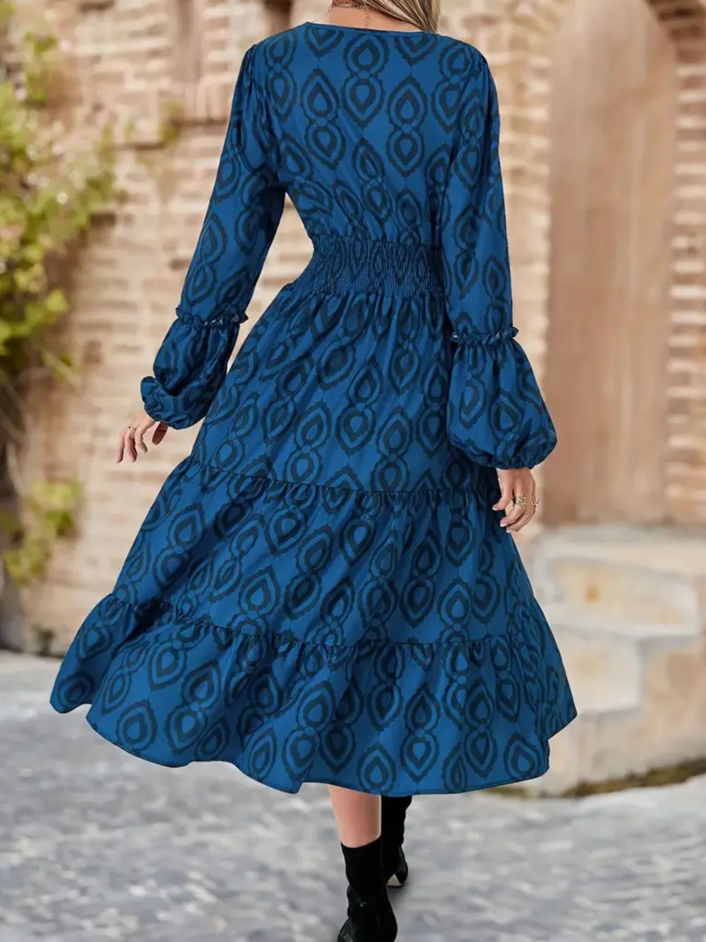 Printed Round Neck Balloon Sleeve Dress, image 5