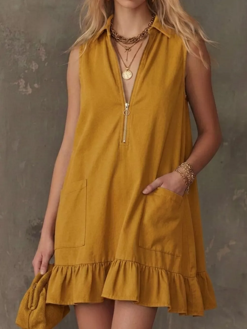 Sleeveless Collared Zip-Front Ruffle Hem Dress, image 3