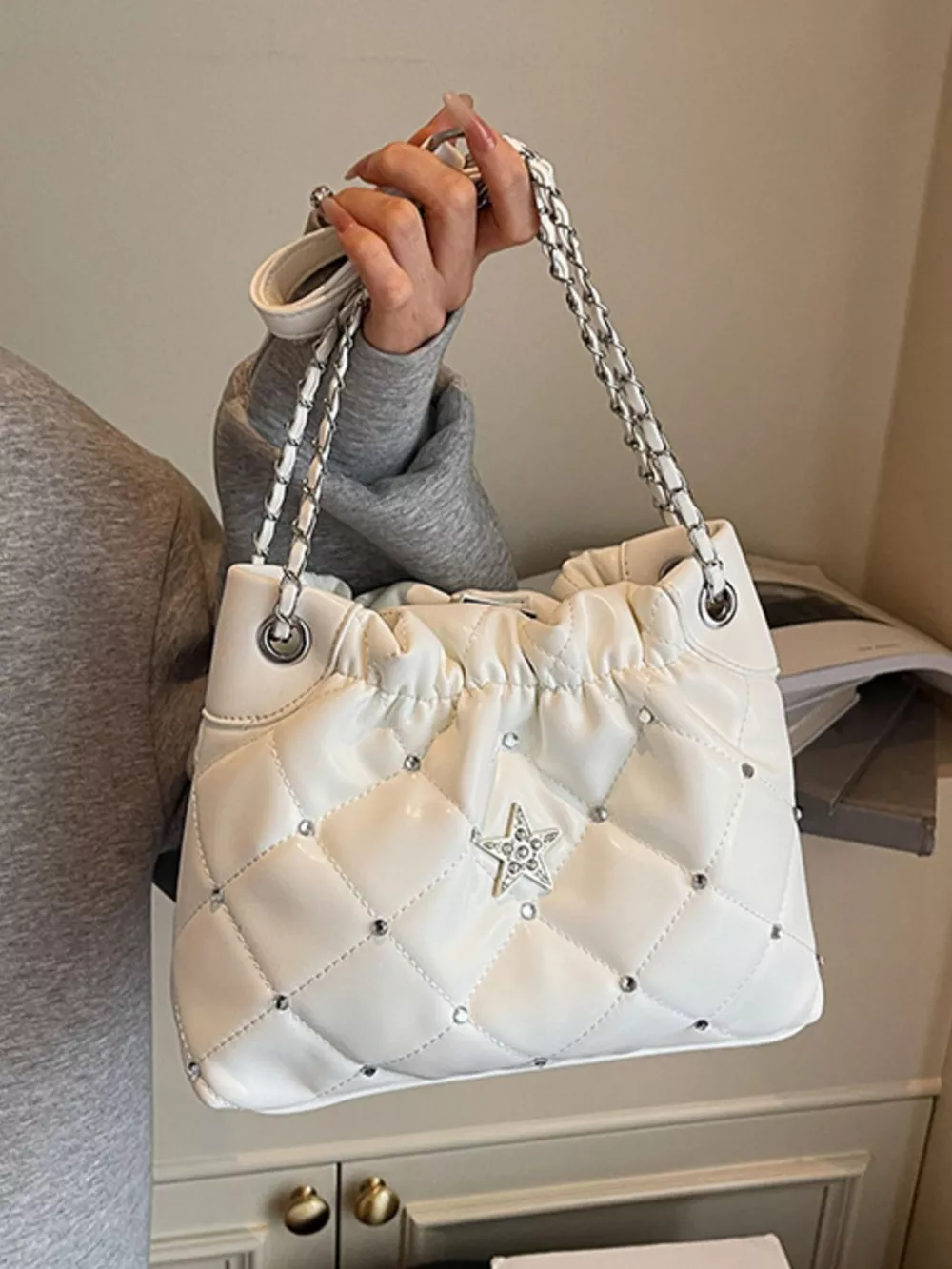 Quilted Rhinestone Star Decor Shoulder Bag, image 3