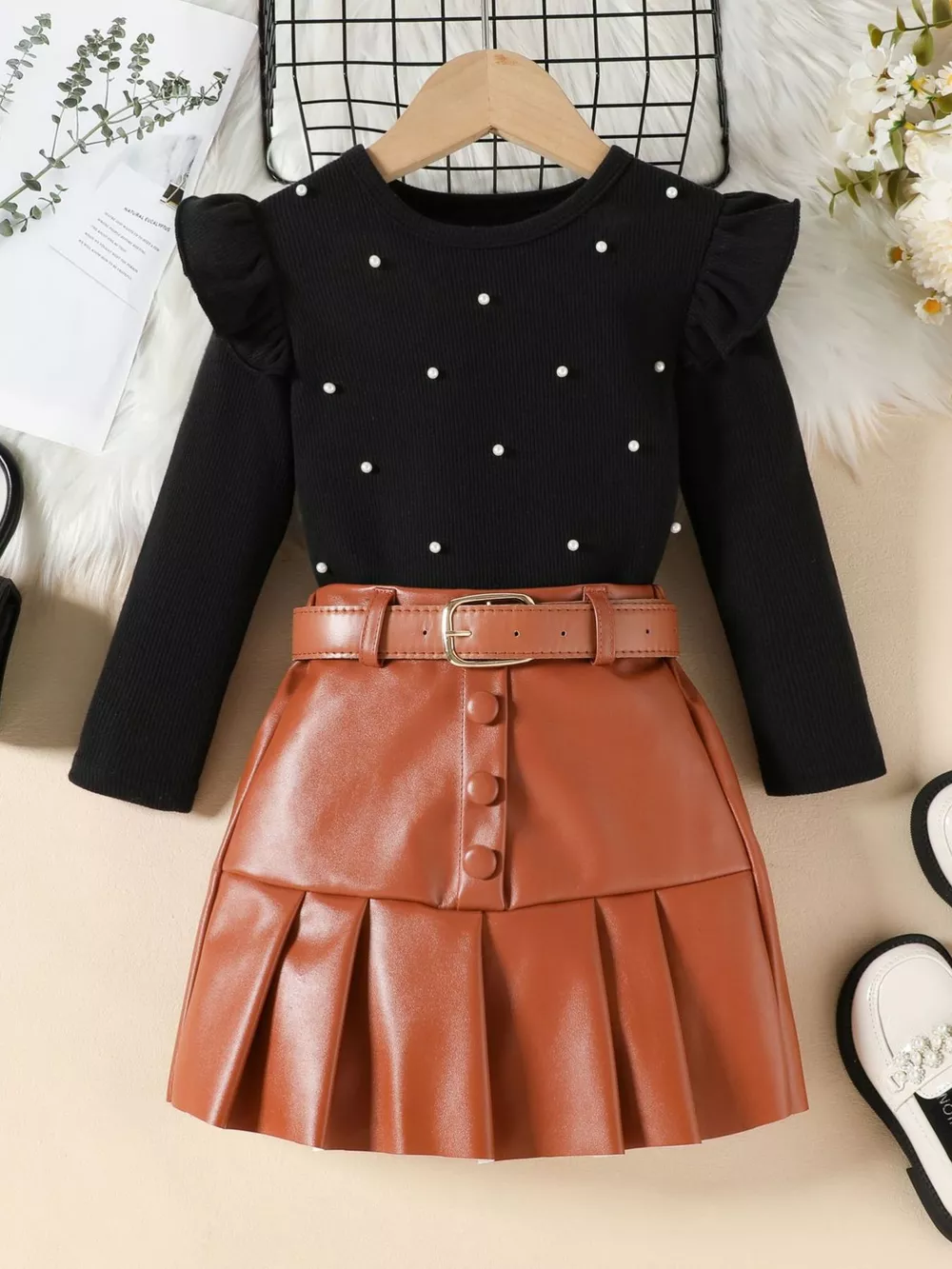 Children's Ruffle Trim Top & Faux Leather Pleated Skirt Set