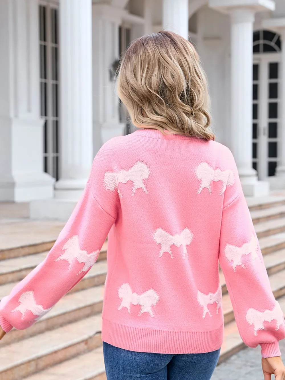Bow Round Neck Dropped Shoulder Sweater, image 2