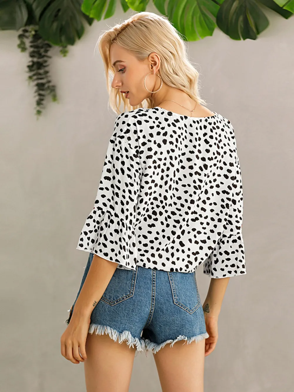 Tied Printed Button Up V-Neck Blouse, image 10