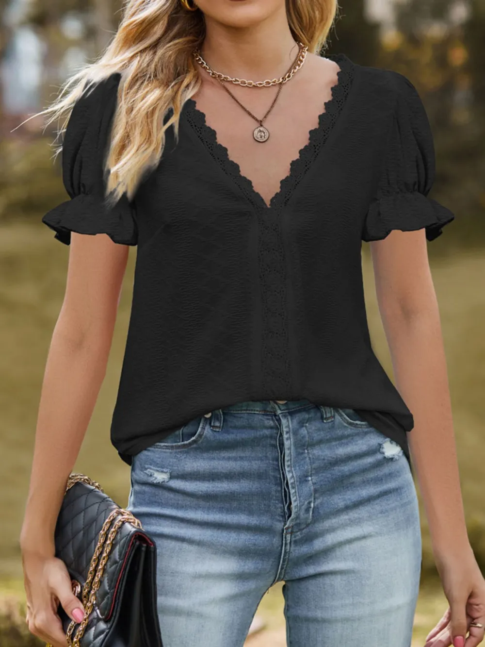 Lace Trim V-Neck Puff Sleeve Blouse, image 14