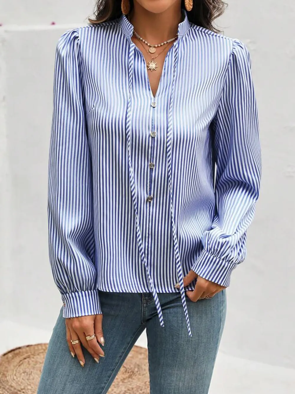 Striped Tie Neck Long Sleeve Blouse, image 15