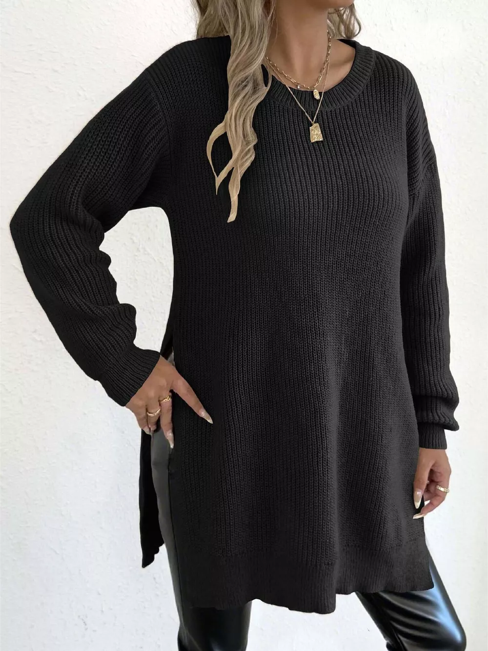 Side-Slit Dropped Shoulder Sweater, image 7