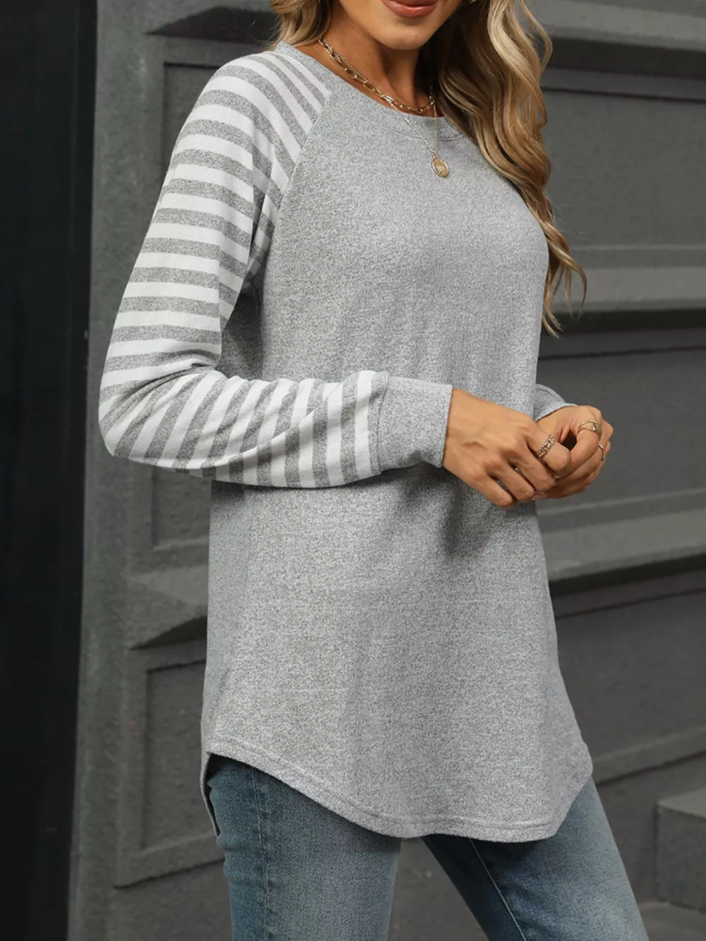 Striped Round Neck Raglan Sleeve T-Shirt, image 20