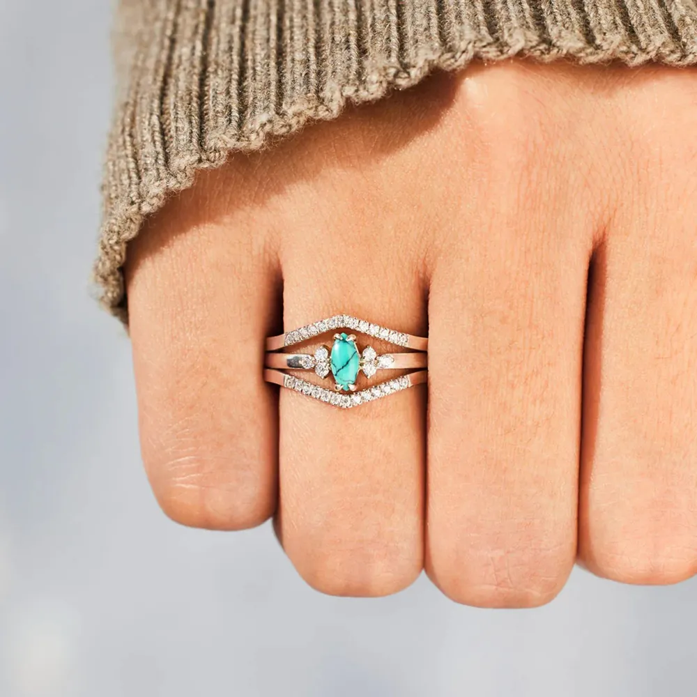 Artificial Turquoise V Shape Inlaid Zircon Ring, image 3