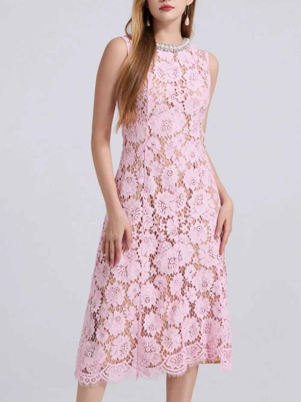 Pearl Neckline Sleeveless Lace Dress, image 22
