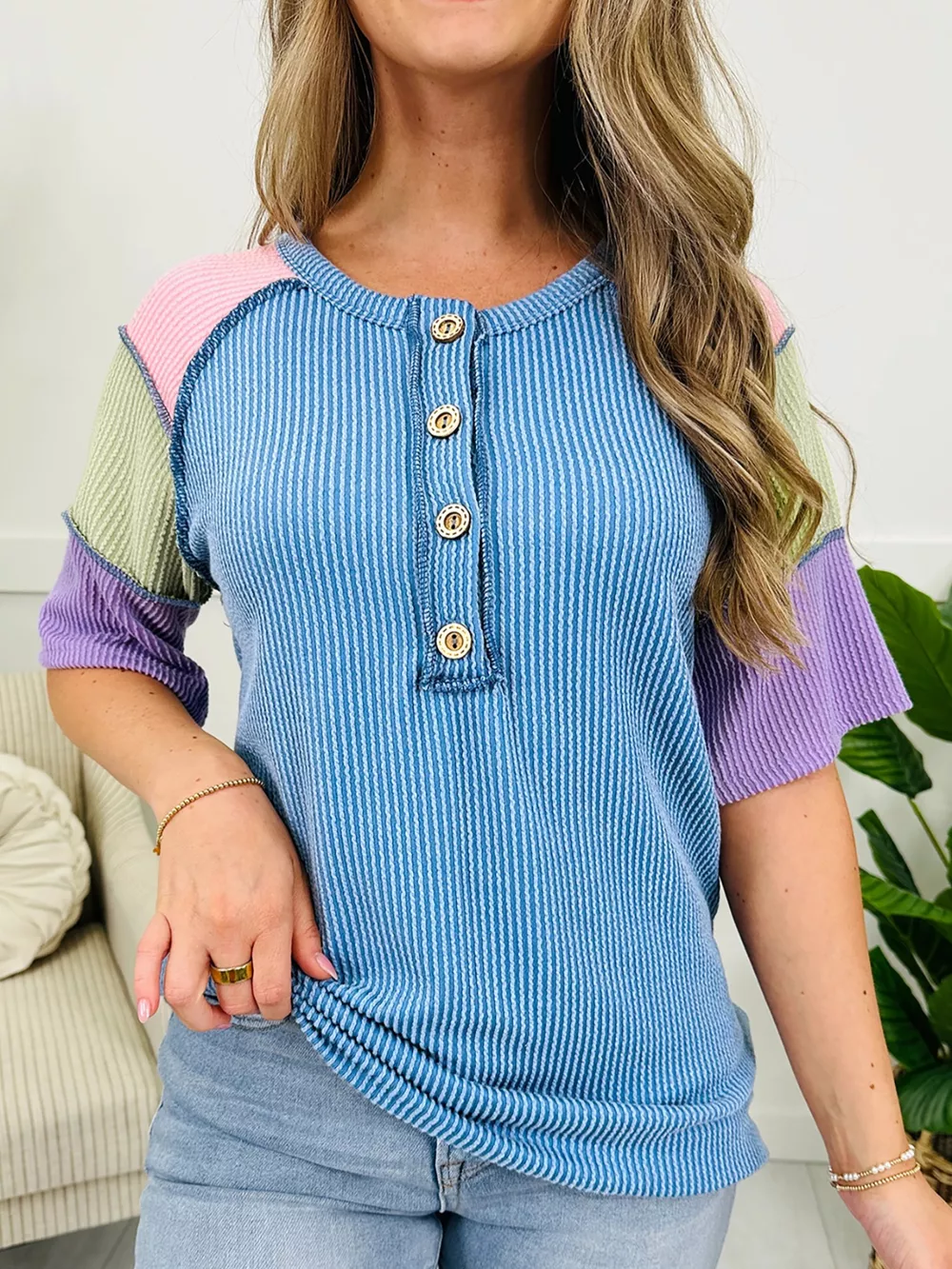 Twisted Rib Color Block Patchwork Short Sleeve Henley Top, image 11