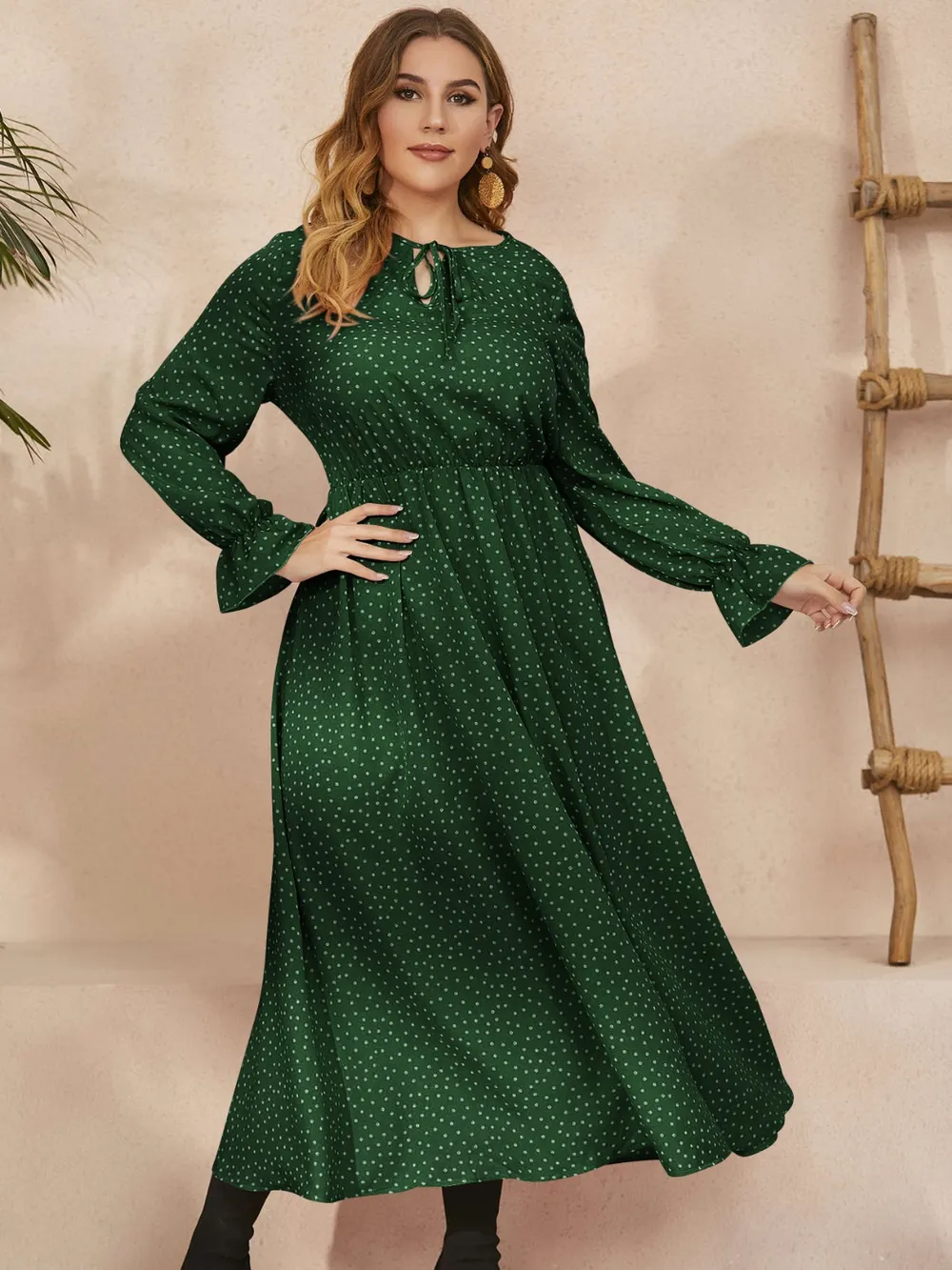 Plus Size Ruffled Polka Dot Long Sleeve Midi Dress, image 10
