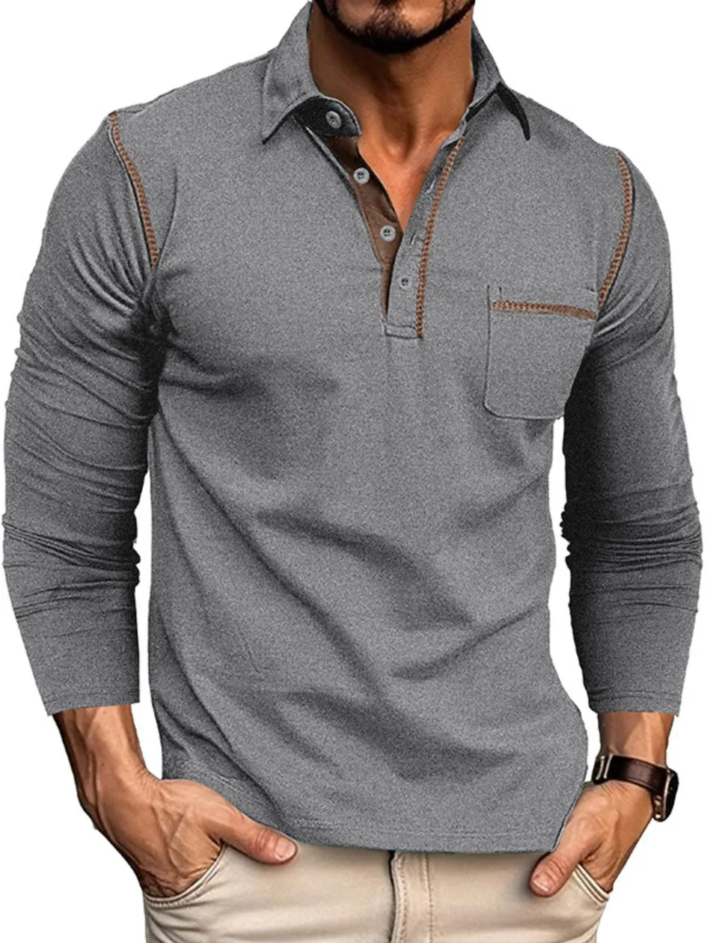 Men's Long Sleeve Polo Shirt with Contrast Stitching, image 11