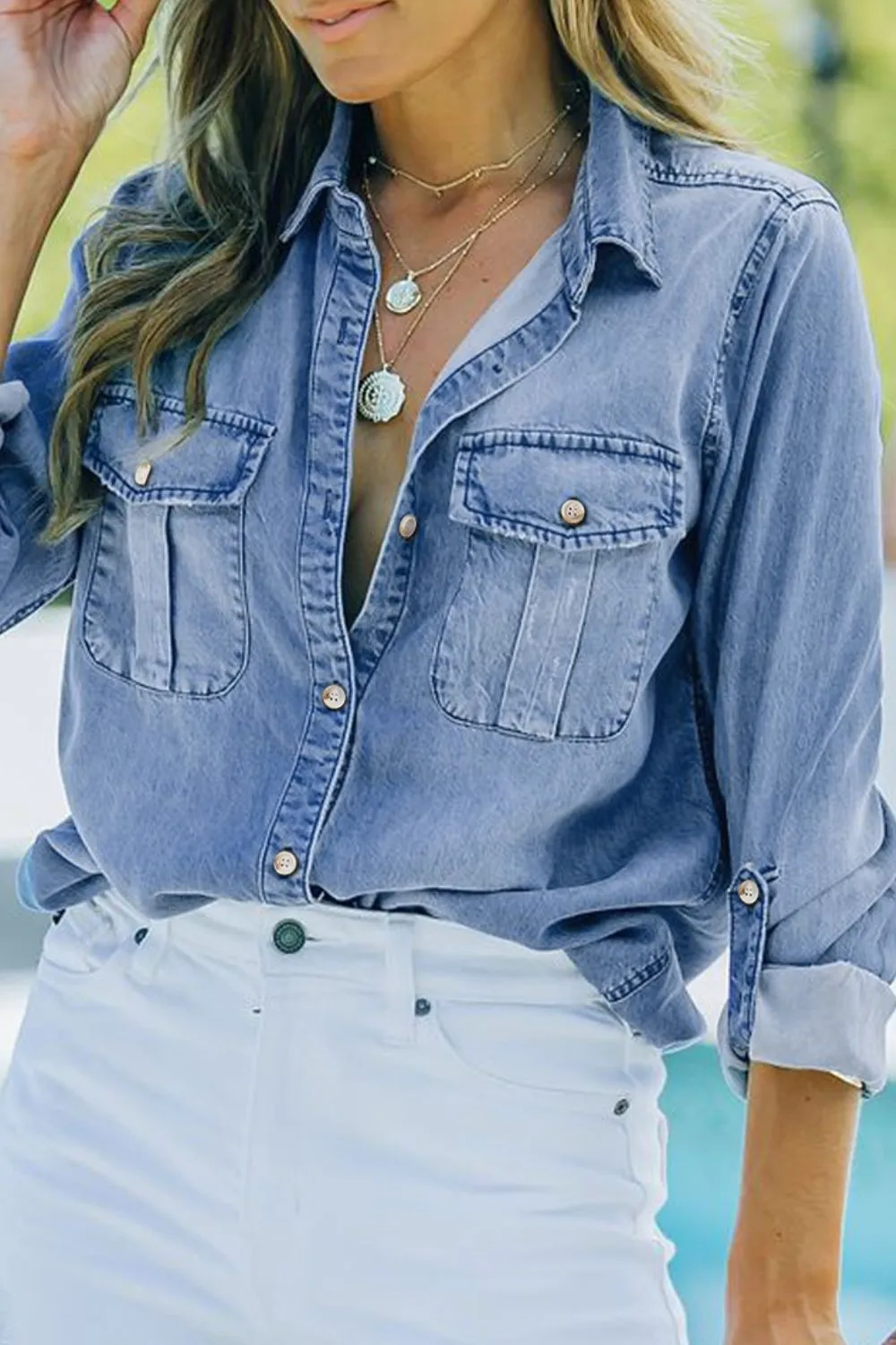 Pocketed Collared Neck Long Sleeve Denim Top, image 10